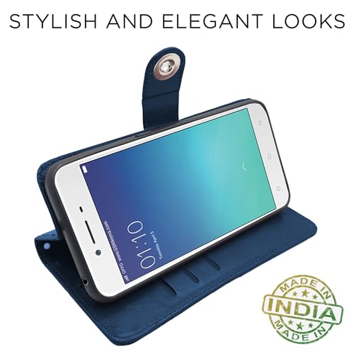 Image of Pikkme Oppo A37 Flip Cover Leather Finish | Inside TPU with Card Pockets | Wallet Stand and Shock Proof | Complete Protection Button Flip Case (Blue)