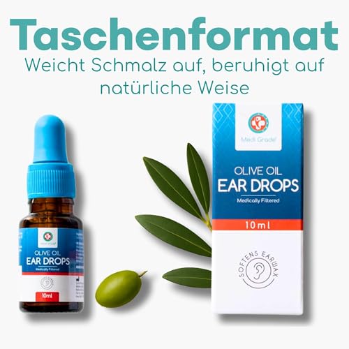 Medi Grade Ohrenschmalz Entferner – 100% Rein Medizinisches Olivenöl -10 ml Olivenöl Flasche – Ohrenschmalzentfernen – Ohrentropfen gegen Ohrenschmalz – Schnelle Ohren Reinigung