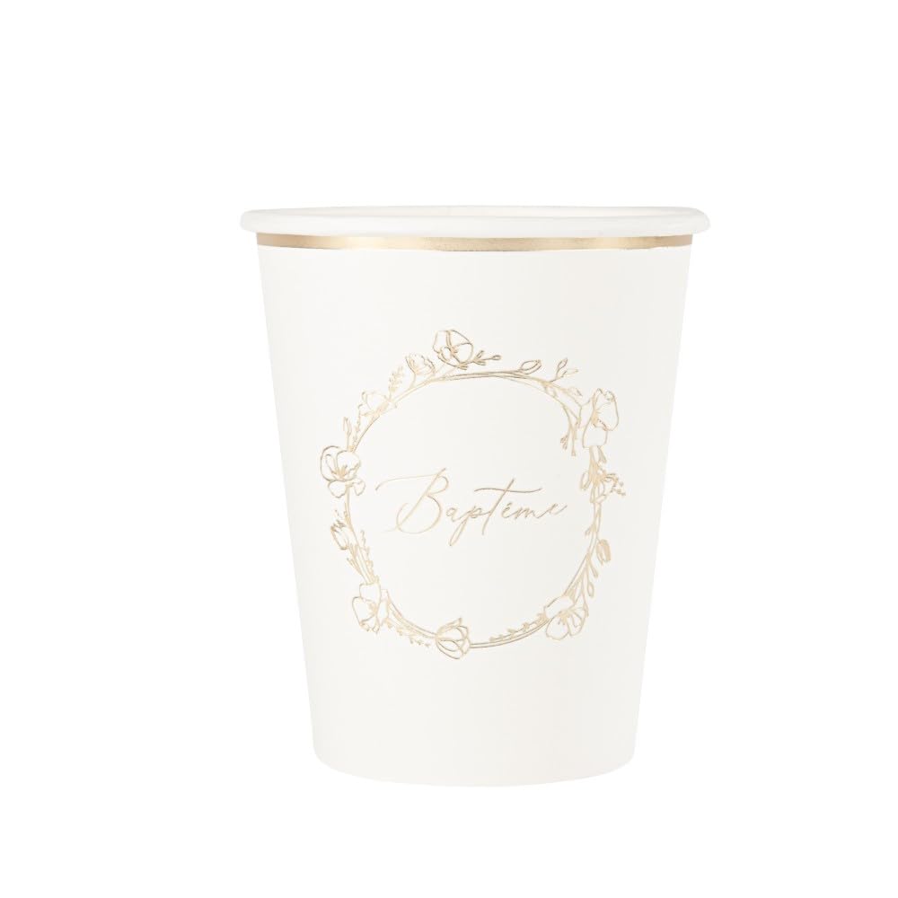 ARTYFETES 8 gobelets en carton baptême 255 ml fleurs dorées - Blanc