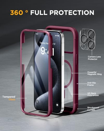 Image of Miracase for iPhone 15 Pro Max Case with 360 Magnetic Ring Stand [Compatible with Magsafe] Full-Body Drop Proof Bumper Phone Case with Built-in 9H Tempered Glass Screen Protector,Wine Red