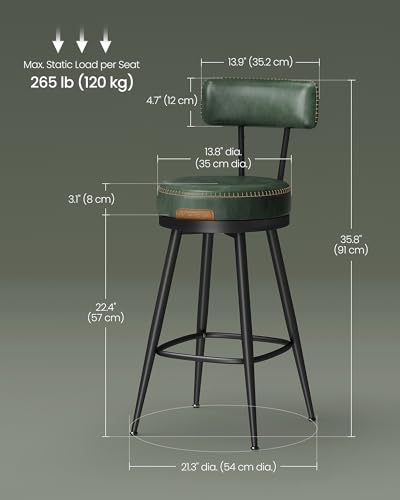 Image of VASAGLE EKHO Collection - Bar Stools Set of 2, Swivel Counter Height Bar Stools with Back, Synthetic Leather with Stitching, Mid-Century Modern, 25.6-Inch Tall Barstools, Forest Green ULBC089C01V2