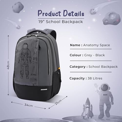 Image of Gear Anatomy Space 19 inch /38L Large Water Resistant School Bag | Casual Backpack | Daypack | Travel Backpack | Kids Bag for Boys /Girls (Grey - Black)