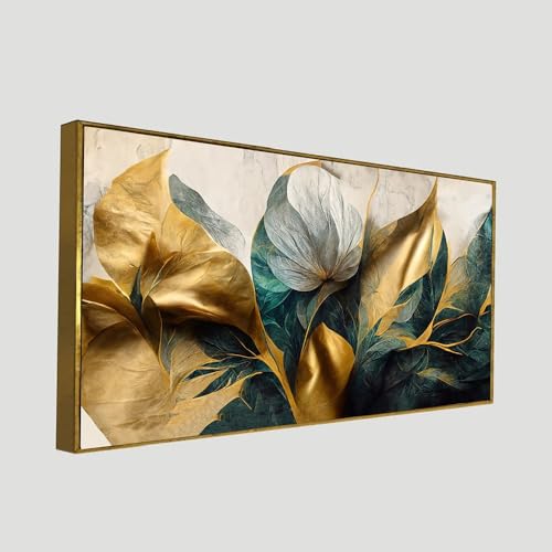 Image of DEKORSTATION Luxurious Golden Flower Canvas Art Elegant Floating Framed Painting for Bedroom, Living Room, Drwaing Room Wall Decoration Size : 18x36 Inches