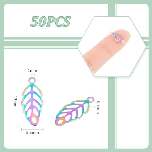 UNICRAFTALE 50pcs Rainbow Leaf Pattern Charms Stainless Steel Hollow Leaf Charm Metal Leaves Pendant for Spring Fall Earring Necklaces Bracelet Jewelry Making - Image 2