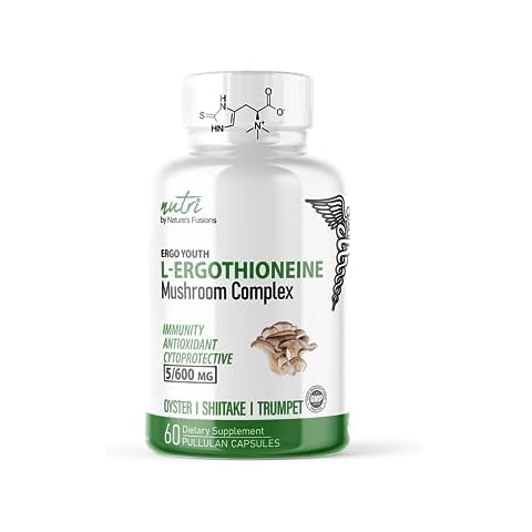 Nutri L Ergothioneine Supplements With Organic Mushroom Complex - 5mg L-Ergothioneine & 600mg Organic Mushroom Extracts, Organic Oyster, Organic Shiitake and Organic King Trumpet 600 mg- 60 Capsules Cover