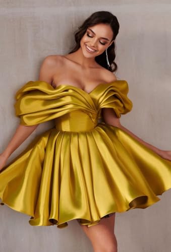 Off Shoulder Short Puffy Homecoming Dress for Teens Satin Ruffles Mini Cocktail Party Ball Gowns with Pockets LB1793