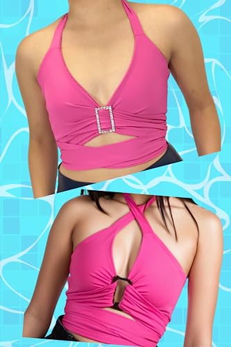 Halter Cross Neck Wrap Top (As1, Alpha, S, Regular, Regular, Standard, Hot Pink) #TOP2