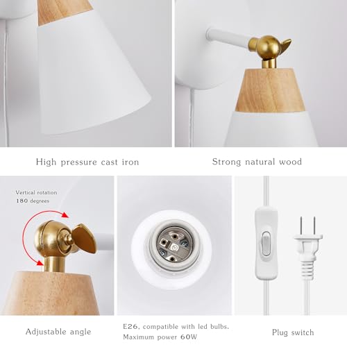 Image of Wall Sconce Set of 2, Wall Sconce with Metal Shade, Plug Switch, Indoor Decor Wall Mount Swing Arm Lamp for Bedroom,Hallway,Living Room,Reading, White