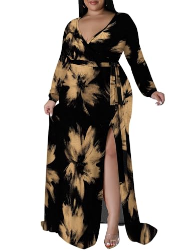 Image of PinkPatty Women's Plus Size Long Sleeve Maxi Dress Casual V Neck Slit Tie Waist Wrap Dresses for Party Cocktail