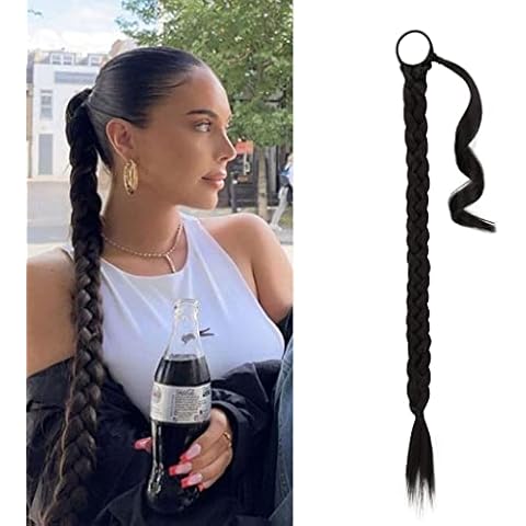BARSDAR 26 Inch Long Braided Ponytail Extension with Hair Tie Straight Wrap Around Hair Extensions Pony Tail DIY Natural Soft Synthetic Hairpiece for Women -Natural Black Cover