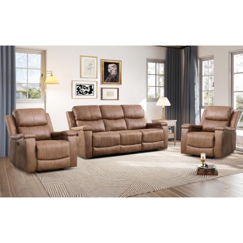 Image of CANMOV Faux Leather Manual Reclining Sofa Furniture Set, 2 Manual Recliner Chair and 3 Seat Recliner Sofa Couch Set for Living Room,Nut Brown