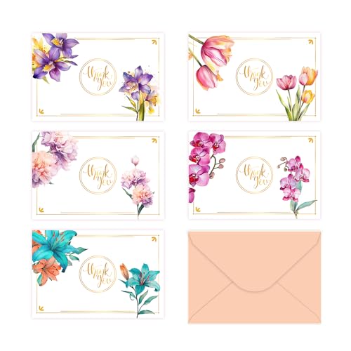 MARBOL Stores Thank You Cards set - 50 pack Exotic Floral Designs with Envelopes - Gold foil stickers - Featuring Orchids, Tulips, Lilies & Peonies - Elegant Greeting Cards for Weddings, Business & Personal Use - Grateful Cards