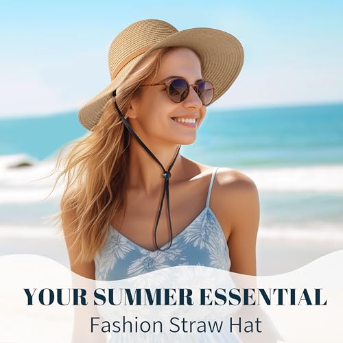 Image of Beach Sun Straw Hats for Women, UPF 50+ UV Sun Protection Wide Brim Summer Straw Hat Foldable Packable Roll up Cap