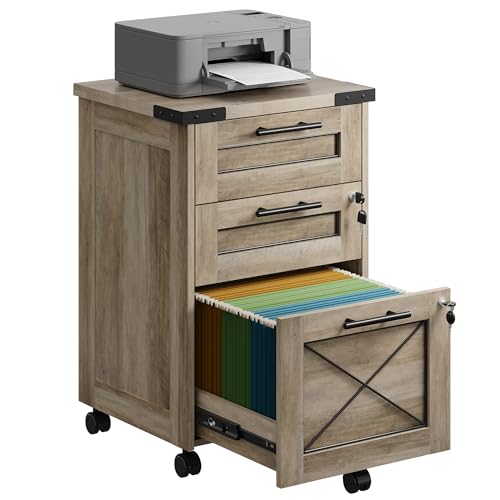 DEVAISE 3-Drawer File Cabinet with Hanging Files, Mobile Rolling Storage Cabinet for Home Office, Printer Stand, Farmhouse Style, Gray Oak