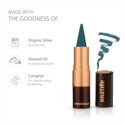 Image of SoulTree Ayurvedic Kajal | Caribbean Teal Kajal 014 | Blue Shade | Enriched with 100% Organic Ghee, Almond Oil & Camphor | Soothe, Cool & Nourish Eyes | Natural Eye Care with Ethical Ingredients 3gm