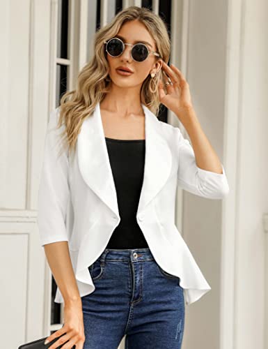 KOJOOIN Womens Casual Blazer 3/4 Sleeve Open Front Ruffle Work Office Cardigan Suit Jacket White S2