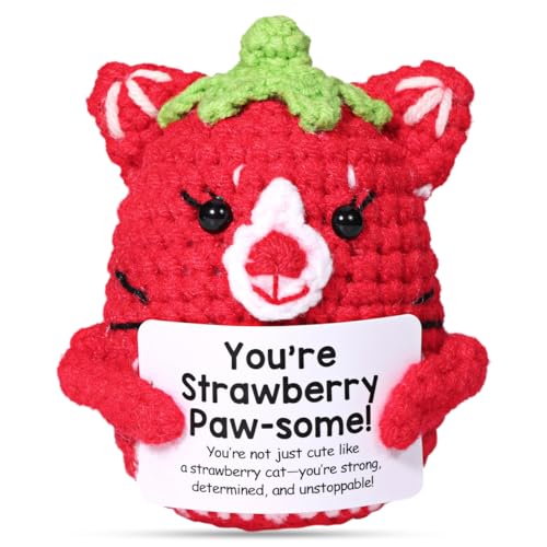 AICase Strawberry Cat Stuff Inspirational Crochet Positive Cat Kawaii Handmade Emotional Support Nuggets Cheer Funny Crochet Animals Kitty Gifts for Women Friend Girls Coworker Birthday