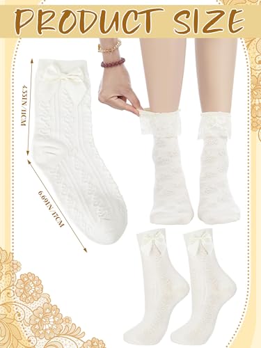 6 Pairs Ruffle Socks Women Frilly Lace Ankle Socks Cream Lolita Princess Bow Breathable3