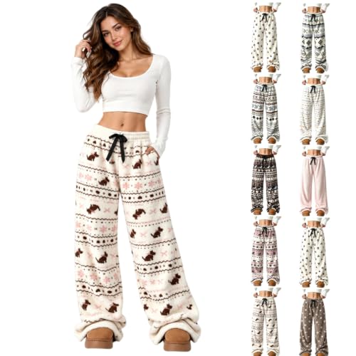 CHENXDZHAO Pajama Pants Women,Fleece Pants Women Wide Leg Elastic Waist Fuzzy Pajama Pant Fall Winter Trendy Cute Casual Loose Fit Cozy Pj Bottoms 2026 Christmas Sleepwear,Light Pink,L - image 1