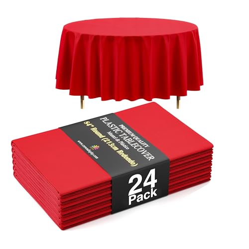 Image of Exquisite 66% Thicker Premium Red Round Tablecloth 0.5 Mil 24 Pack Plastic Table Cloth Disposable 84 Inch Round Plastic Tablecloth Won't Tear Easily Like Cheap Thin Brands