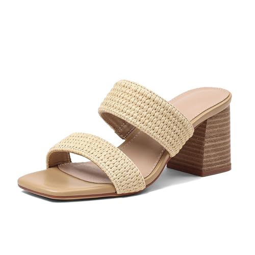 Image of Ancomafio Heeled Sandals for Women Raffia Sandals 2025 Chunky Block Heels Square Open Toe Heels Double Strap Summer Dressy Shoes Slip On
