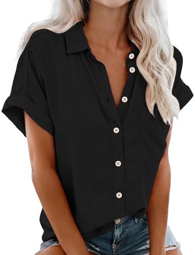 Womens Short Sleeve Button Down Shirts, V Neck Collared Causal Shirt Tops with Pocket, Summer Blouse Solid Loose Tops