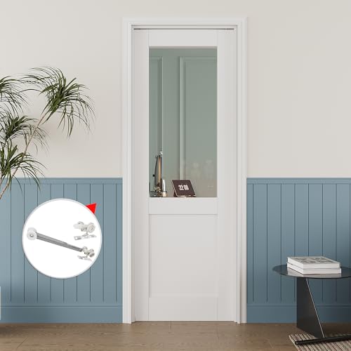 Image of 18 inch x 80 inch Half Clear Glass Pocket Door, Soft-Close Sliding Pocket Door with Frame & Hardware Kit Set, Primed All-Inclusive Interior Door Slab for Home, White, Need to Assemble