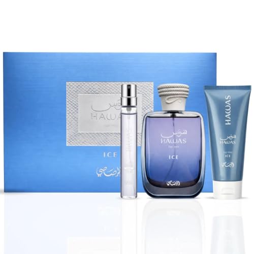 Image of RASASI Hawas Ice For Men 3 Piece Gift Set Eau De Parfum Spray 100ML (3.4 Oz), 10ml (0.33 Oz) Travel Spray & Shower Gel 60ml (2.0 Oz)