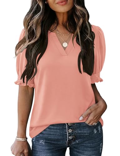 Rapbin Women's Puff Short Sleeve T Shirts V Neck Summer Tops Casual Fashion Blouses Peach