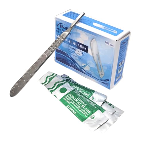 IMEDS Scalpel Blades #20 Sharp Carbon-Steel Sterile Pack of 100 with Free Stainless Steel Scalpel Handle #4 Graduated Kit to Make Finest Precision Cuts, Durable Quality for Experts & Professionals