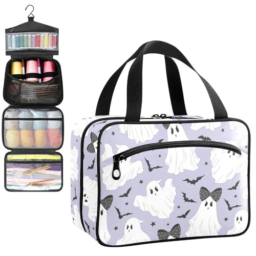 YNNALE Sewing Supply Organizer Bag, Cute Ghost with Bat Lavender Coquette Portable Sewing Bags with Pockets&Hanger, Sewing Storage Box Case for Sew Supplies/Kit/Tools/Accessories (BAG ONLY)