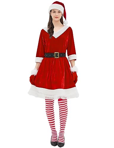 Frojuly Mrs Claus Costume for Women 5PCS Adult Miss Clause Santa Dress Red Velvet Plus Size...