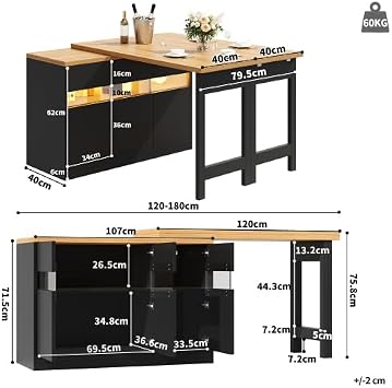 Merax Extendable Bar Table with LED Lighting & 360° Swivel, Adjustable 120-180 cm, Modern Kitchen Island with Storage, Dining & Work Table for Living Room, Dining Room, Home Office