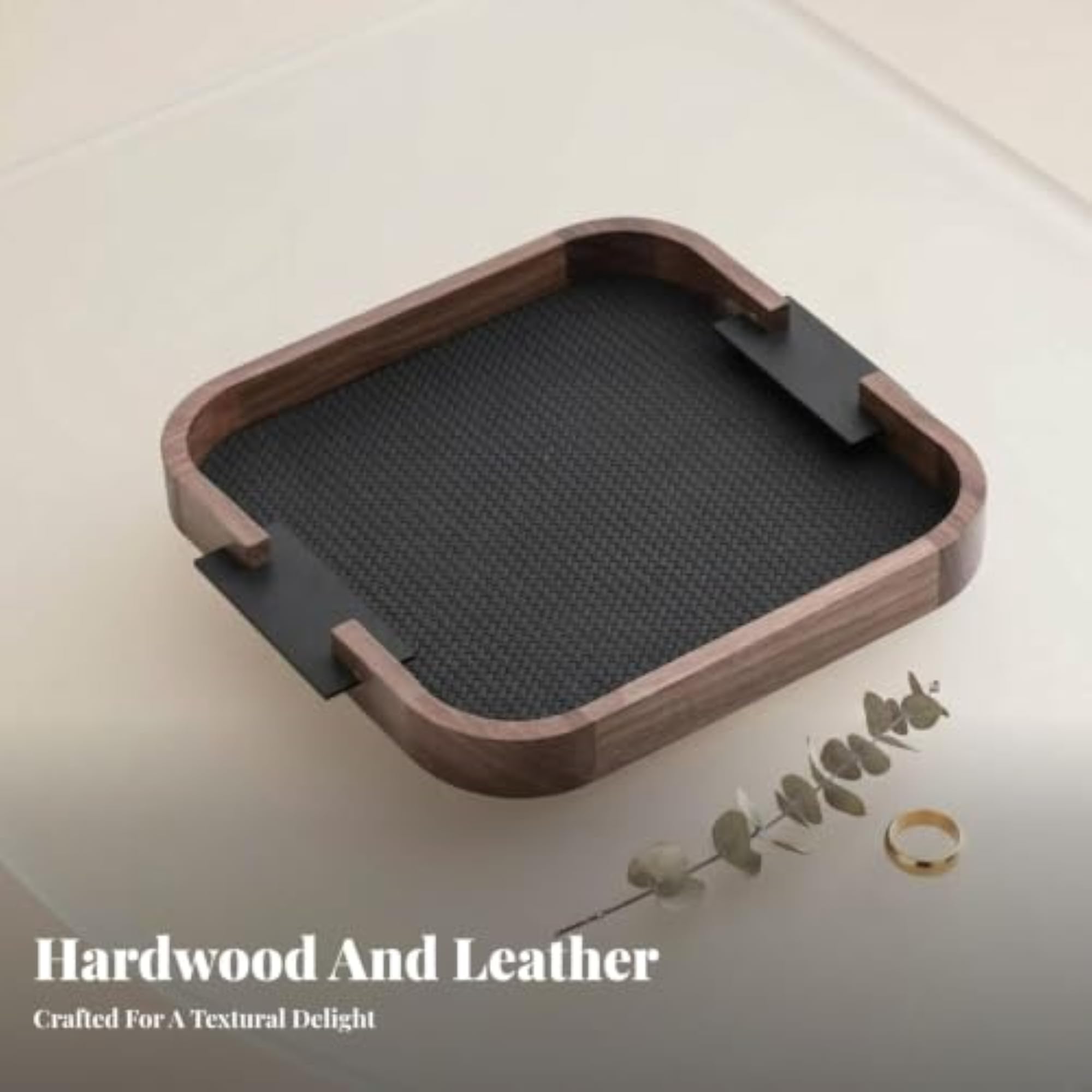 CLOVRIX® Rounded-Square Leather Edged Wood Decorative Tray