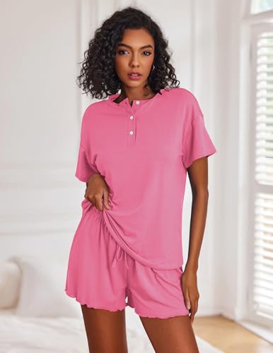 Image of Ekouaer Pajamas Set for Women Short Sleeve Lounge Set 2 Piece Loungewear PJs Soft Cute Lightweight Sleepwear,XX-Large Rose