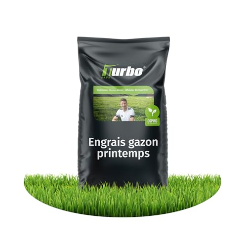 Turbogrün engrais gazon printemps, 10 kg pour 500m², fertilisant pour gazon pour une pelouse saine qui réduit la mousse, idéal au printemps et en été, engrais gazon adapté aux épandeurs