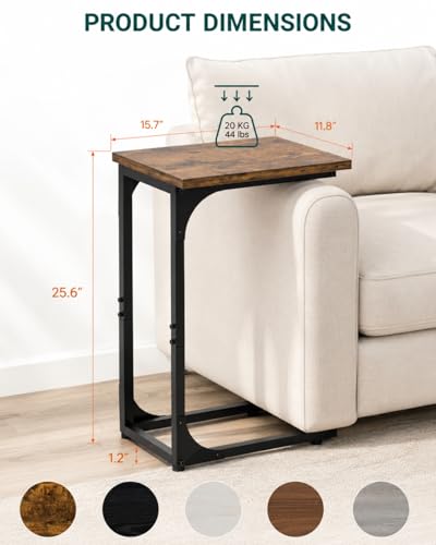 Image of C-Shaped Side Table for Couch - Small Coffee Stand Sofa Tray Desk with Metal Frame and Waterproof Scratch Resistant, Modern End Accent for Living Room, Bedroom, Small Spaces, Rustic Brown