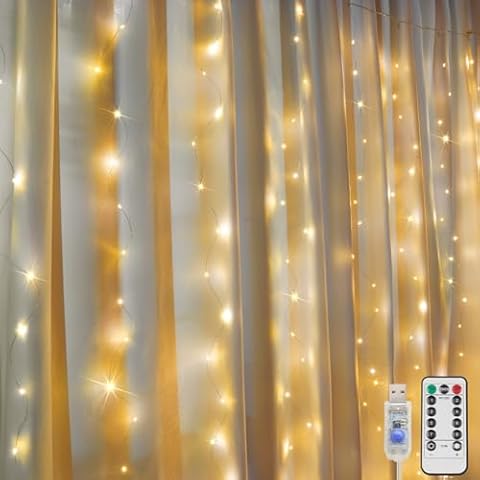 suddus 200 LED Christmas Curtain Lights, Fairy Lights Plug in for Bedroom, String Lights with Remote Indoor Outdoor, Dorm Window Wall Wedding Birthday Decor,Warm White Cover
