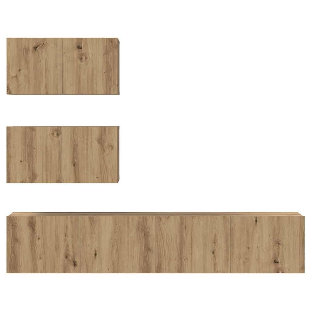 Set 4 Mobili TV Sospesi Rovere Artigianale Legno Ingegnerizzato | Credenza sospesa per soggiorno composta da 4 moduli con ante a cerniera per riordinare dispositivi e accessori.