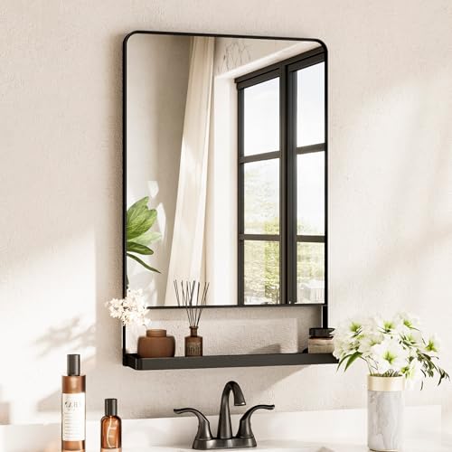 TETOTE Black Metal Framed Vanity Mirror with Shelf for Wall, 18x28 Inch Rounded Rectangle Mirror for...