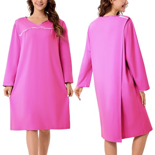 voeeron Hospital Gowns for Women Tear Away Snap Open Back Long Sleeve Patient Gown Soft Adaptive Clothes With Pockets