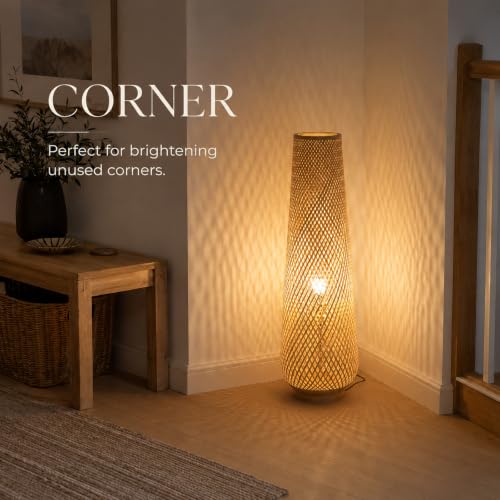 Image of Boho Style Bamboo Woven Floor Lamp for Living Room,36 in,Cozy Decor | Handcrafted Wicker Shade,Unique Shadow Pattern,No Assembly Required,3000K Warm Ambient Lighting,Suit for Bedroom Corner