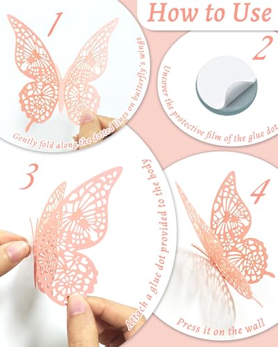 Image of 72Pcs 3D Butterfly Wall Decor, Pink Butterfly Decorations, 4 Styles 3 Sizes Removable Butterflies Pink Wall Stickers Room Decor for Birthday Party Kids Bedroom Cake Nursery Room Decor