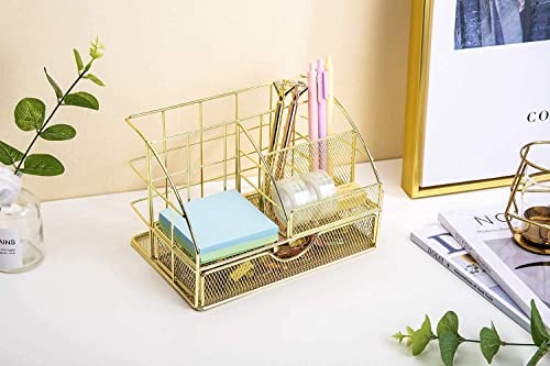 Image of iwilon Desk Organizer with Drawer | Metal Mesh Multipurpose 6 Compartment Storage Holder | Stationery, Makeup, Office Supplies Organizer (Gold) (22.3X15X14.9 CM)