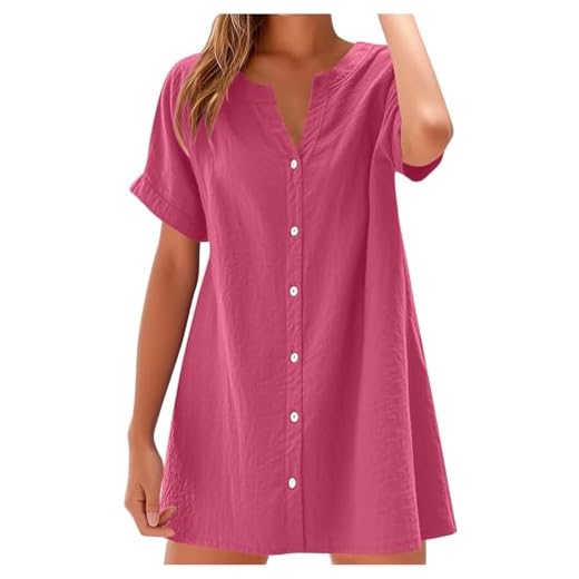 2025 Robe d Ete Femme Coton et Lin T-Shirt Robe de Travail Chic et Elegant Décontractée Couleur Unie Robes Tunique Manche Courte Jupe Vêtements Femmes Cotton en Line Robes Chemise de Soleil Pas Cher