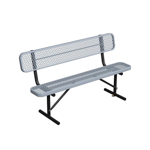 Image of 6ft Gray Metal Park Bench with Backrest, Heavy Duty Outdoor Benches Weatherproof Steel Long Playground Bench Seats, Commercial Garden Benches Red Dock Benches for Lawn, Park, Deck,Patio, Porch