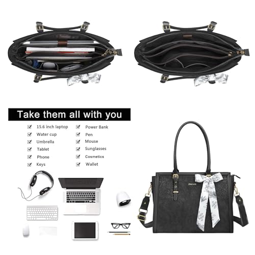 Image of MOSISO Laptop Bag for Women, PU Leather Tote Bag, Front Embossed Retro Hibiscus Computer Bags with Silk Scarf&Clutch Purse