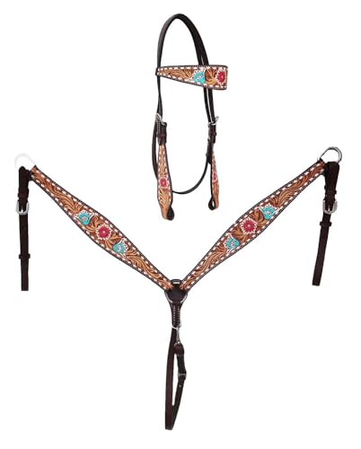 CHALLENGER Horse Western Floral Tooled Browband Bridle & Breast Collar Tack Set 78HR55B