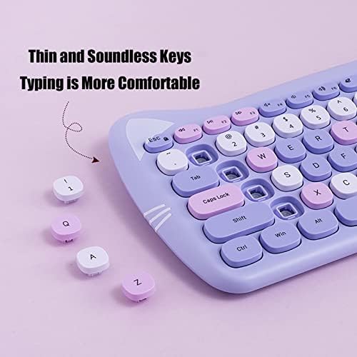 Cute Cat Keyboard and Mouse Combo Wireless, Kawaii Keyboard and Mouse for Girls and Kids, Soundless Colorful Keys, Compatible with Notebook, PC (Purple-84Keys) 5