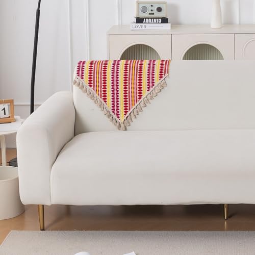 Image of HOKIPO 'Artisan Boho Series' Sofa Backrest Cover with Tassel | 450 GSM Thick Cotton Acrylic Jacquard Fabric Backrest Mat, Size 55x80 cm, Ruby Red (IN-900-A6)
